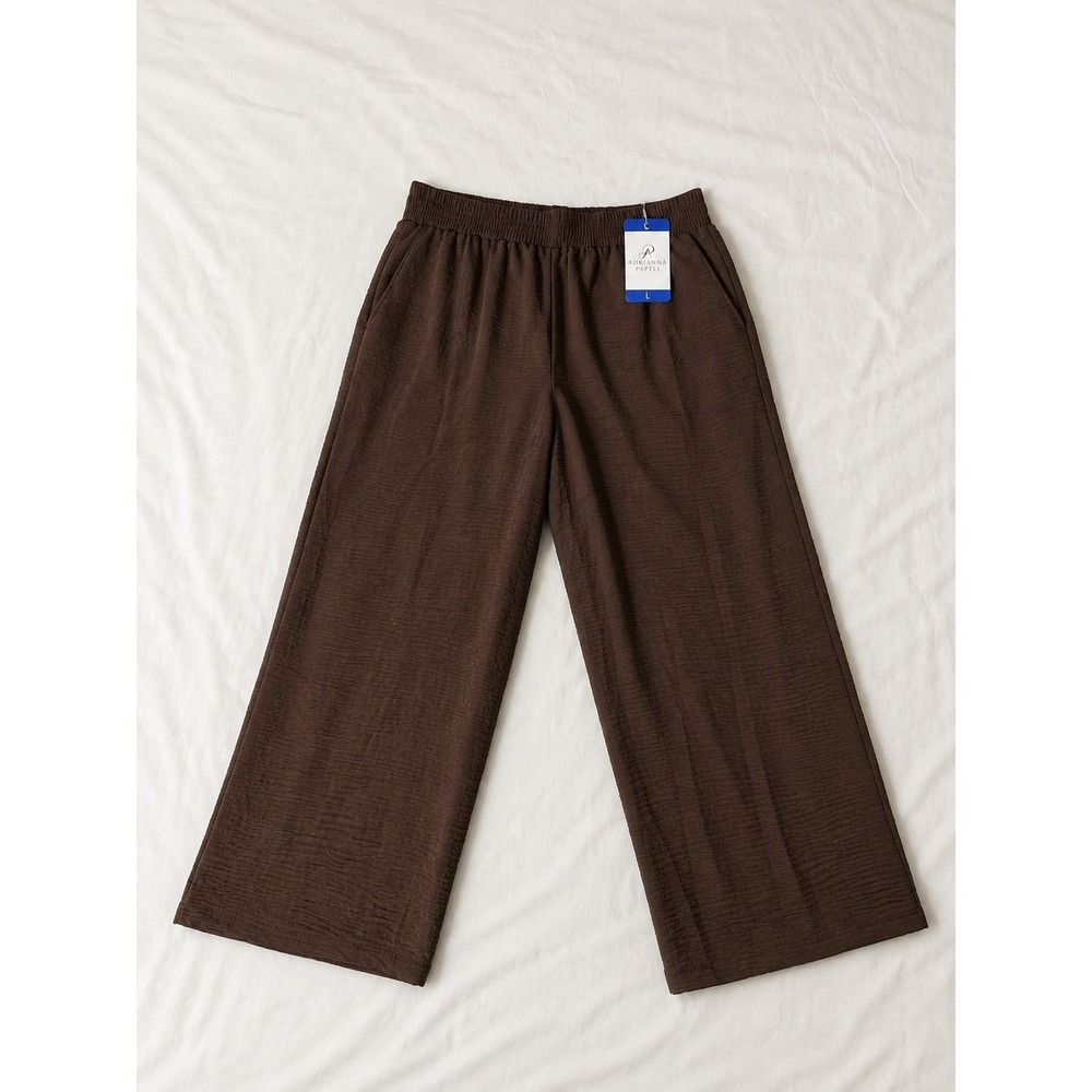 Adrianna Papell Womens Brown Textured Wide Leg Elastic Waist Pull On Pants L NWT